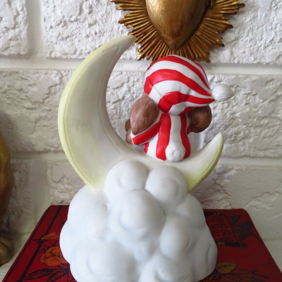 VTG Enesco Bunny and Baby Figure Christmas reading on the moon Rabbit music box - Picture 5 of 8